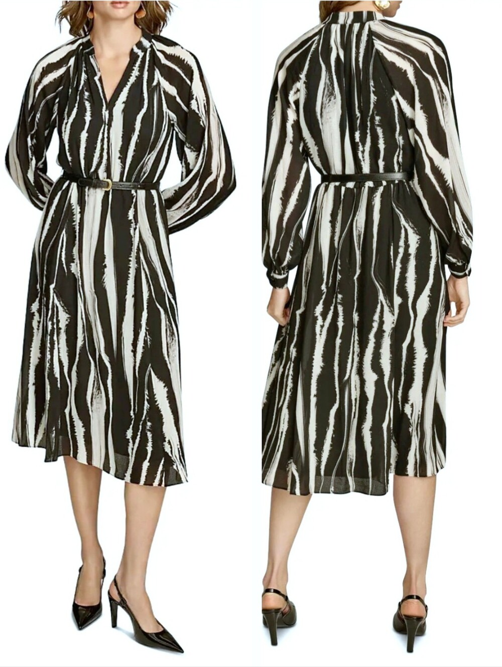 DONNA KARAN Black/White Abstract Print Long-Sleeve Belted Flowy Midi Dress Sz 8